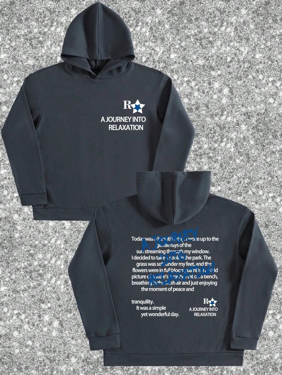 Manfinity Hypemode Áo nỉ chui đầu in khẩu hiệu thường ngày cỡ lớn dành cho nam, phù hợp cho mùa thu - Màu xám đen - Xem 1