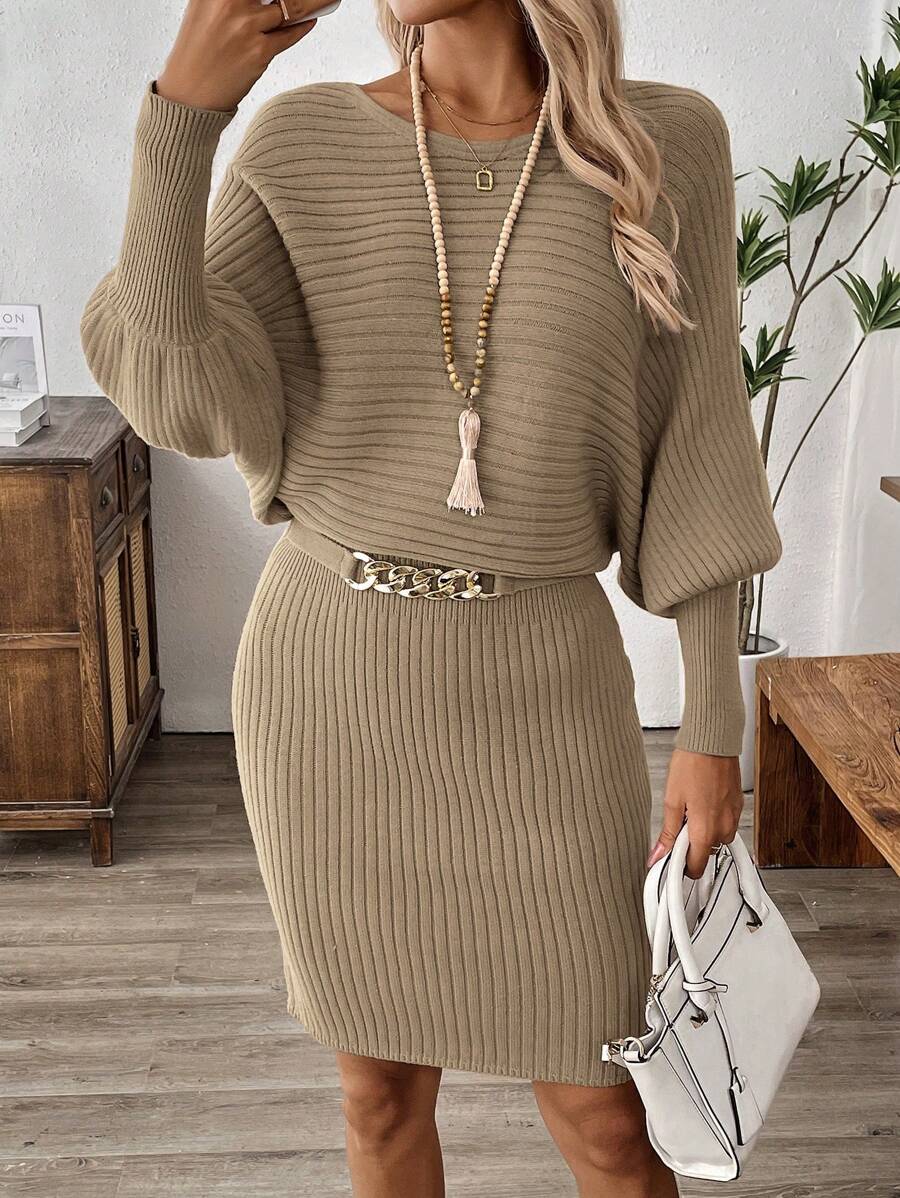 EMERY ROSE Women Solid Color Lantern Sleeve Ribbed Knit Sweater Dress - Apricot - View 1