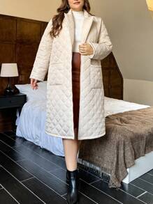 SHEIN Privé Plus Size Casual Turndown Collar Pockets Long Padded Coat, Suitable For Commuting, Autumn/Winter