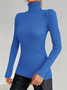Cloudara Turtleneck Ribbed Knit Sweater - Navy Blue - View 4