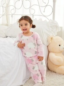 SHEIN 2 件套女婴可爱简约绵羊图案套头衫圆领长袖上衣和长裤，柔软舒适法兰绒家居服和睡衣套装女婴睡衣