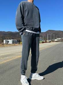 DAZY 2pcs Men Casual Daily Wear Round Neck Contrast Color Sweatshirt & Pants Set, Autumn - Blue - View 5