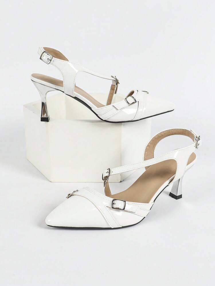 CUCCOO BIZCHIC Pointed Toe Criss-Cross Buckle Unique Design Women's Slip-On High Heels, Silver Plated Stiletto Heels, Faux Leather Backless Pumps For Commuting, Fashion Office And Street Style For Christmas And New Year Holiday Vibe Fall And Winter