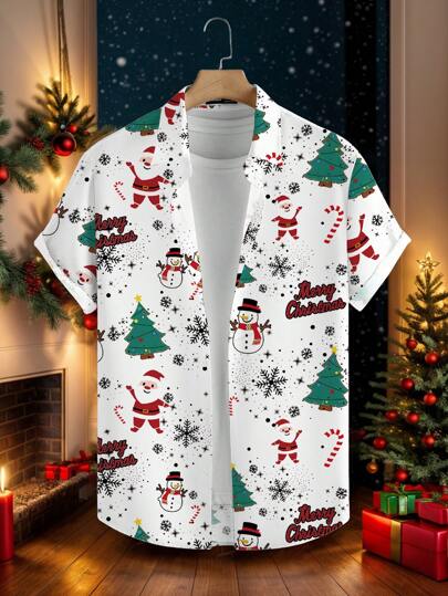 Manfinity Homme 男士休闲日常圣诞老人和雪人印花纽扣短袖衬衫，圣诞节