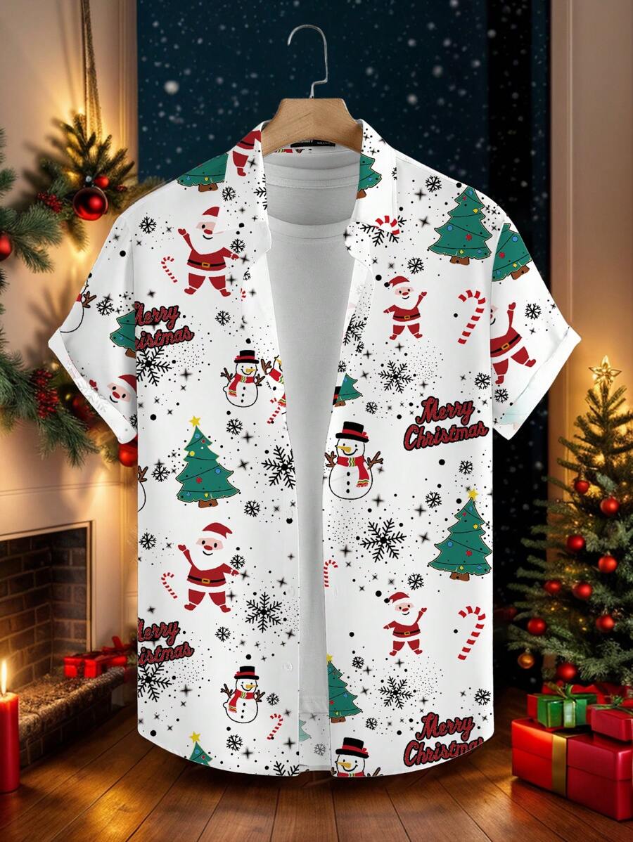 Manfinity Homme 男士休闲日常圣诞老人和雪人印花纽扣短袖衬衫，圣诞节 - 彩色 - 查看 1