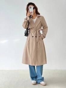 SHEIN PETITE 优雅腰部收紧 A 字形长袖风衣，秋冬 - 卡其色 - 查看 7