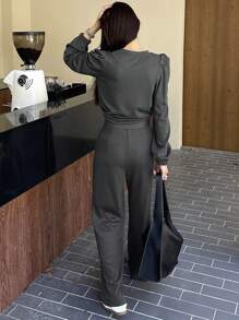 DAZY 2pcs/Set Women Plain Crew Neck Puff Sleeve Sweatshirt And Wide Leg Pants Set,Fall Clothes - Dark Grey - View 2