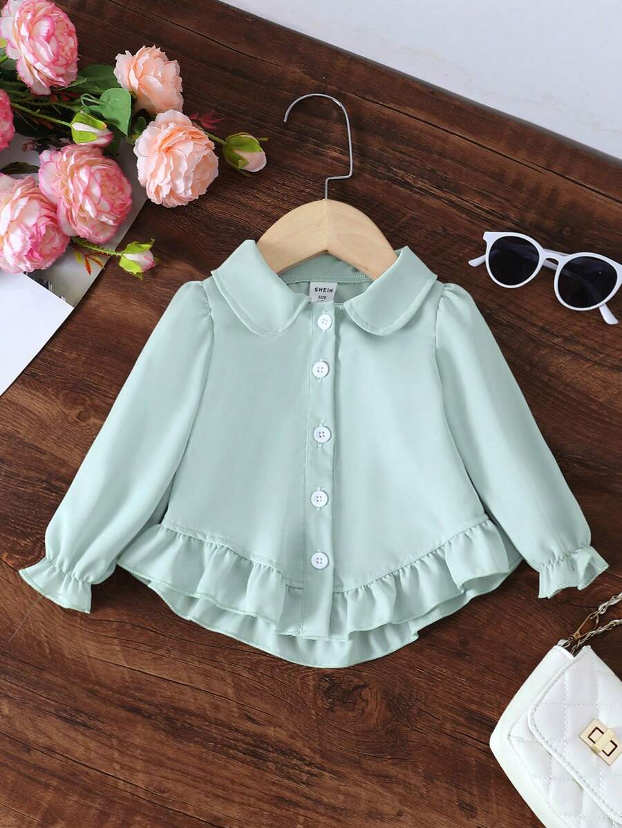Toddler Girls Casual Fashion Frill Hem Design Peter Pan Collar Blouse - Green - View 1