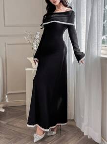 Modelyn Women's Autumn Patchwork Ruffle Trim Colorblock Off-Shoulder Long Sleeve Elegant Dress Long Evening Dresses - Black - View 3