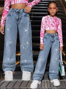 SHEIN Explorewe Quần Jeans Denim Cao Cấp In Hình Trái Tim Cho Bé Gái - Rửa nhẹ - Xem 1