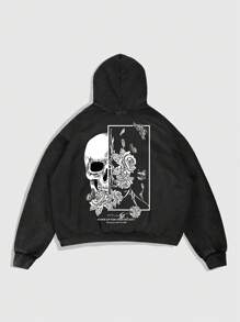 ROMWE MEN Goth 男士休闲骷髅与花卉印花连帽衫，适合日常穿着，秋季
