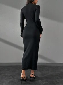 RueChic Embellished Pearl Detailed Beige V Neck Long Dress - Black - View 2