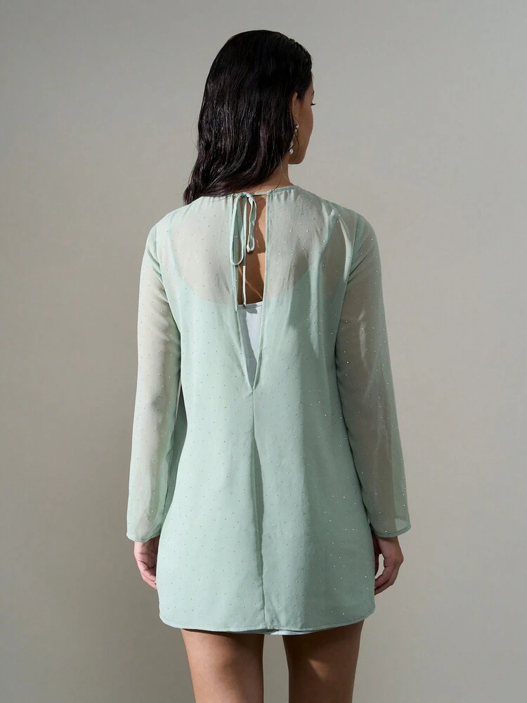 AiiRZ Elegant Mint Sparkle Mini Dress Long Sleeve Party St Patrick's Day Irish Holiday Evening Sheer Glitter Sheath Special Occasion Lucky Charm Wedding Guest Dress