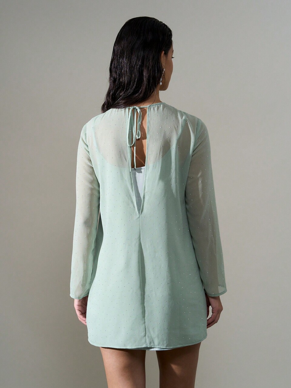 AiiRZ Elegant Mint Sparkle Mini Dress Long Sleeve Party St Patrick's Day Irish Holiday Evening Sheer Glitter Sheath Special Occasion Lucky Charm Wedding Guest Dress