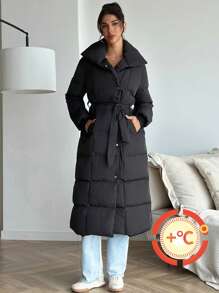 SHEIN Privé Women's Black Lapel Belt Decor Long Padded Coat