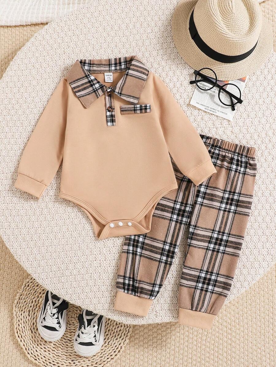 男婴休闲时尚格子领长袖连体衣和长裤套装（2件套），适合秋冬季穿着 - 卡其色 - 查看 1