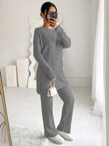 Cottnline Conjunto de 2 piezas de top de cuello redondo y pantalones de unicolor y franjas de 100% algodón para mujer