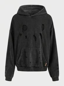 Manfinity NXTstreet Plus Size Men's Speckle Knit Distressed Loose Drop Shoulder Long Sleeve Hoodie Sweatshirt