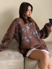 DAZY Asymmetrical Jacquard Pattern Oversized Pullover Sweater For Women,Fall Women Clothes - Brown - View 3