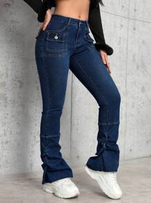 SHEIN PETITE Navy Blue High Elasticity Skinny Jeans For Women - Dark Wash - View 5