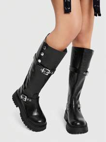 ROMWE Grunge Punk Giày bốt cao đến đầu gối đế xuồng bằng da màu đen có dây khóa, giày bốt cưỡi ngựa cao đến đầu gối theo phong cách Gothic dành cho phụ nữ vào dịp Giáng sinh và năm mới, mùa thu và đông - màu đen - Xem 1