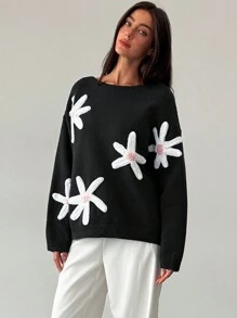 Aloruh Romantic Floral 3D Decor Colorblocked Loose Long Sleeve Warm Cute Sweater For Women - Black - View 6