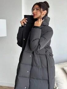 SHEIN Privé Women's Black Lapel Belt Decor Long Padded Coat