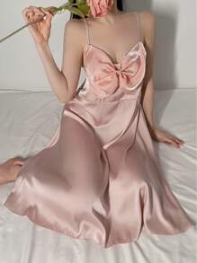 Faux Silk Oversized Bow Accent Camisole Nightgown - Pink - View 5