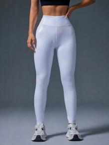SHEIN Quần tập yoga cạp cao nâng mông cho nữ có họa tiết lá kim, tôn dáng - trắng - Xem 2