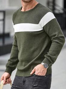 Manfinity Mode Men Crew Neck Long Sleeve Solid Color Splice Casual Pullover Sweater