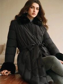 Anewsta Thick Long Puffy Collar Horizontal Seam Women's Coat