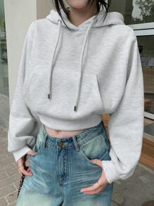 DAZY Áo nỉ ngắn tay có mũ, màu trơn, dành cho nữ, thích hợp mặc mùa thu và đông. - Màu be - Xem 6