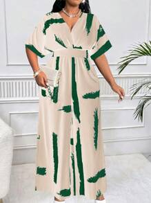 Maweii Plus Size Women's Elegant Black & White Color Block Print Criss-Cross Shoulder Short Sleeve Wide Leg - Multicolor - View 5