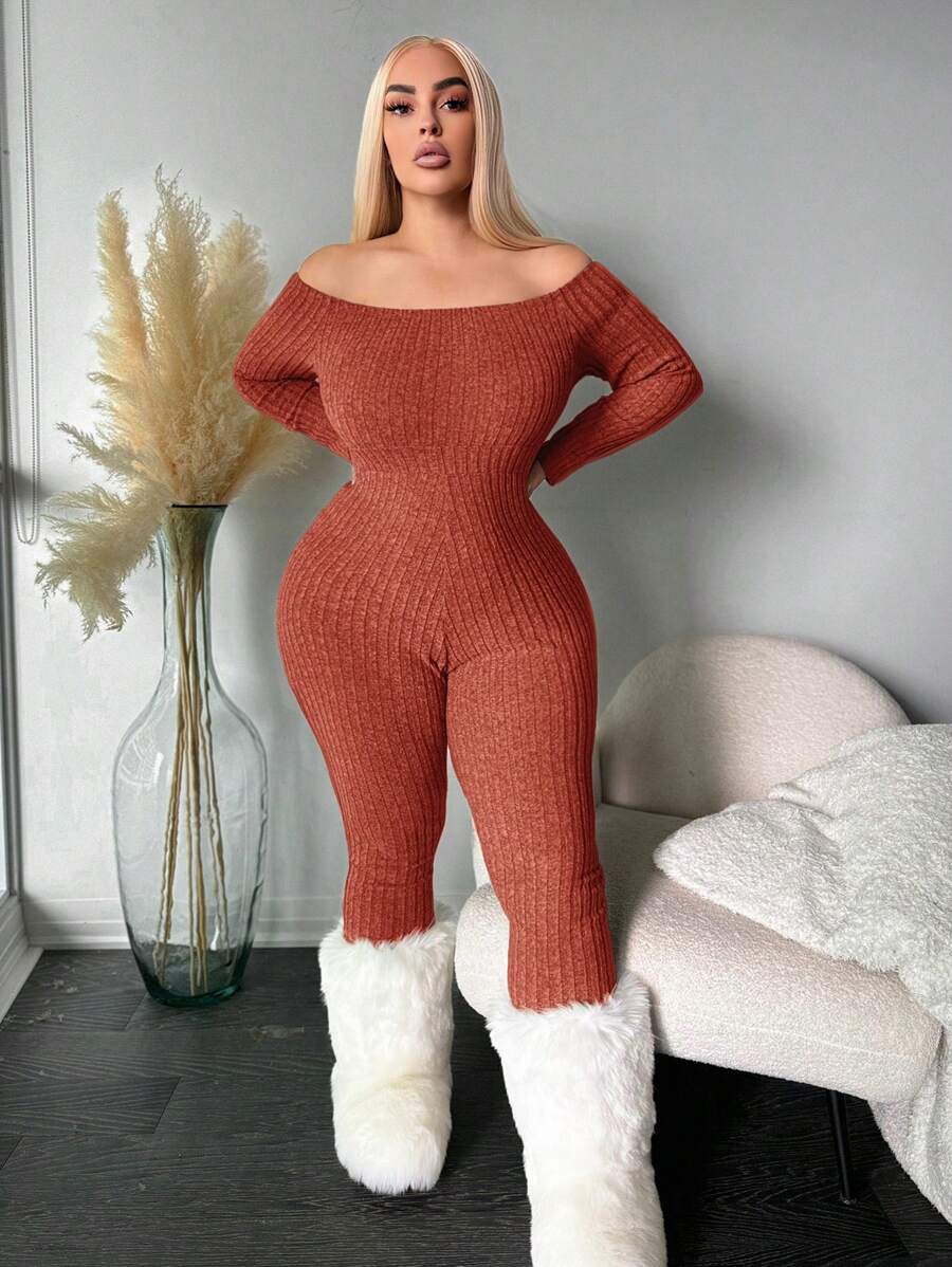 SHEIN SXY Combinaison moulante à col roulé grande taille, chaude - Tabac - Voir 1