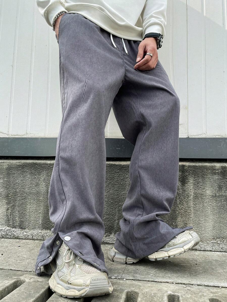 Manfinity Hypemode Pantalones casuales de pana rectos con cordón en la cintura para hombre - Gris Oscuro - Ver 1