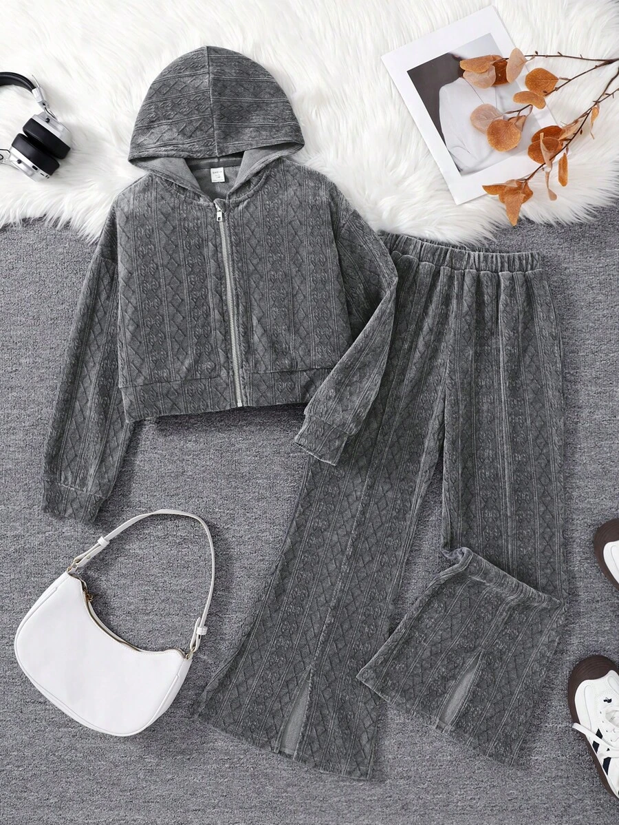 2 件套 Tween 女童休闲宽松舒适连帽夹克和开衩裤套装 - 灰色 - 查看 1