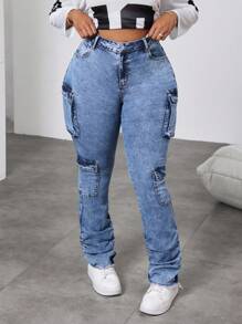 SHEIN EZwear Plus Size Blue Denim Pants, Elastic Tight Casual Jeans Christmas Leggings Denim Jeans Y2k Jeans Women Tights Cargo Pants Skinny Stretch Pants Black Jeans Stacked Women Jeans Tall Women Pants Denim Jeans Jeans Pants Jeans - Blue - View 6