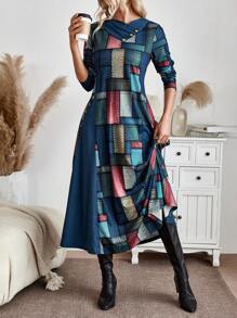 EMERY ROSE Women Patchwork Long Sleeve Button Up Casual Mini Dress, Simple Style Maxi Women Outfit