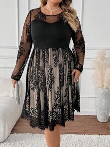 SHEIN CURVE+ Vestido de encaje negro de talla grande para mujer de línea A elegante para otoño e invierno - Multicolor - Ver 3