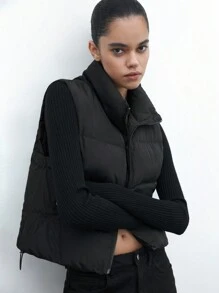 SHEIN Maija Áo khoác vest không tay đơn giản có khóa kéo phía trước dành cho nữ - màu đen - Xem 4