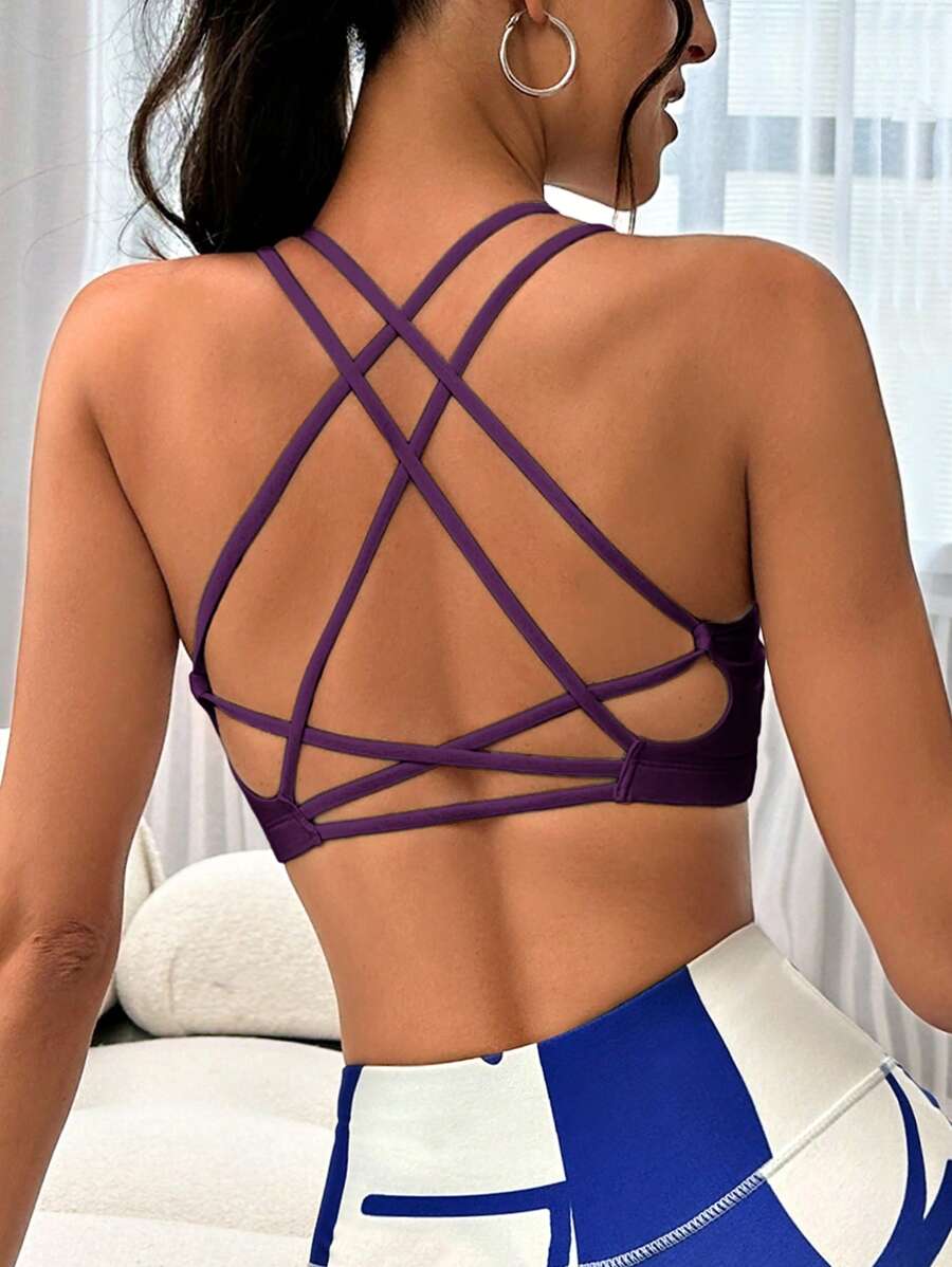 Menodora SHEIN Sport 女士纯色镂空简约运动文胸，休闲日常穿着 - 紫羅蘭色 - 查看 1