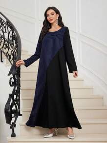 Al Najma Vestido árabe de manga larga con cuello redondo, de corte holgado, estilo color block y diseño de parches a rayas, para uso diario casual. Modesto, elegante abaya, kaftan y jalabiya.
