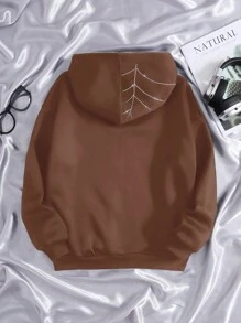 SHEIN Tween Girls' Casual Knit Spider Rhinestone Embellished Hooded Sweatshirt Sweatshirt - Brown - View 2