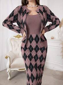 Modelyn Women Casual Rhombus Cardigan & Sleeveless Fitted Sweater Dress 2pcs Set, Autumn/Winter 2 Pieces Set