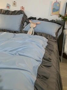3 件套宿舍蓝色床上用品套装，包括羽绒被套 + 床笠 + 枕套，拉绒，可机洗 - 藍色 - 查看 1