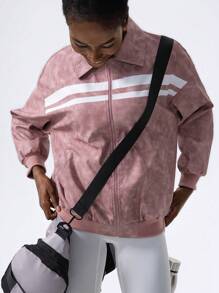 VARSITIE Dirty Pink Striped Printed Zipper Loose Casual PU Women Jackets