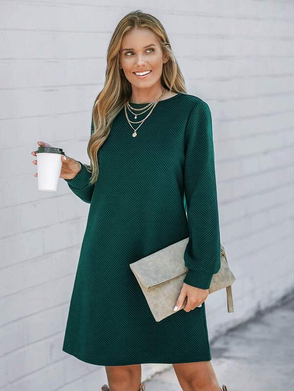 SHEIN LUNE Christmas Textured Fabric Round Neck Long Sleeve Dress For Women, Autumn/Winter