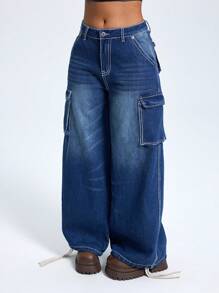 SHEIN ICON Jeans cargo informales amplios desgastados para mujer - Azul lavado oscuro - Ver 5