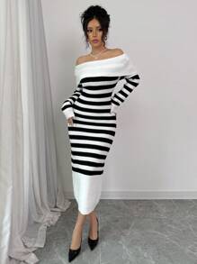 Chiquease Off-The-Shoulder Striped Bodycon Knit Dress, Autumn/Winter Fall Cloth For Women