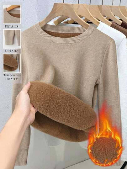 Franclia Women Fitted Crew Neck Ribbed Long Sleeve Sweater With Thermal Lined Knit Pullover Fall Winter Outfit